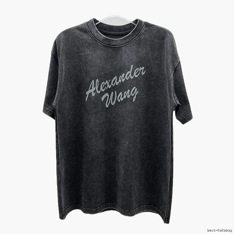 Alexander Wang Distressed Charcoal Gray Rhinestone-embellished Short Sleeve T-Shirt