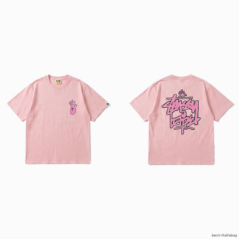 Bape Crown Print Trendy Cool Pink T-shirt