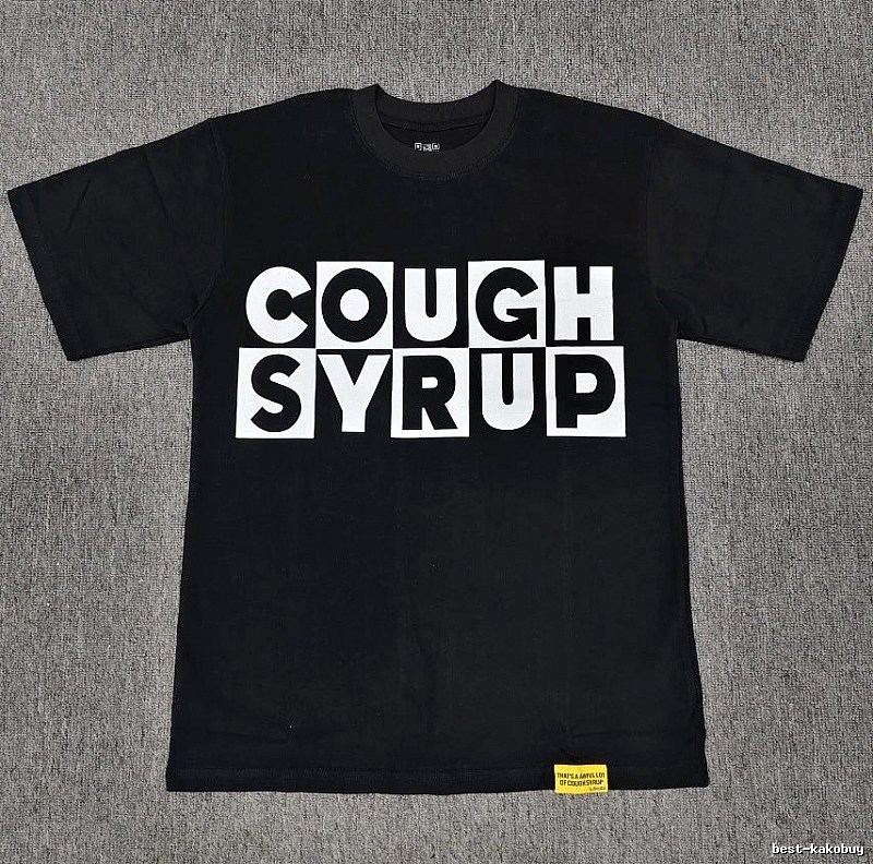 Black street-style short-sleeve T-shirt with COUGH SYRUP print