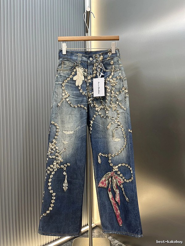 Chain-Like Trim Washed Indigo Chrome Hearts Embellished Wide Jeans