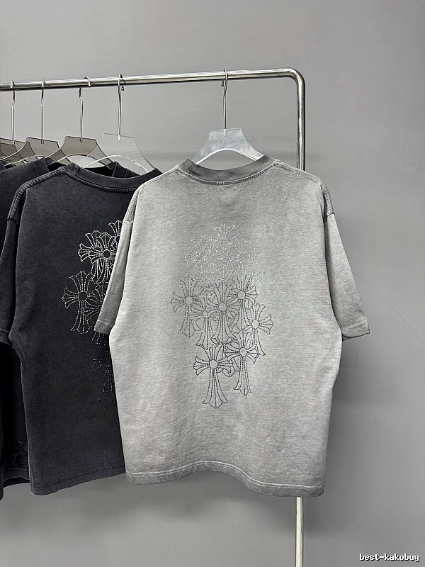 Chrome Hearts Cross Hot-stamped Rhinestone Street-style Grey Short-sleeve T-shirt