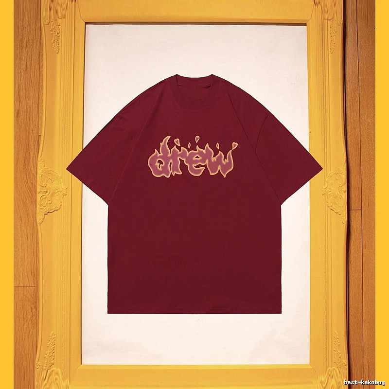 DREW Flame Heart Street Style Burgundy Short Sleeve T-Shirt