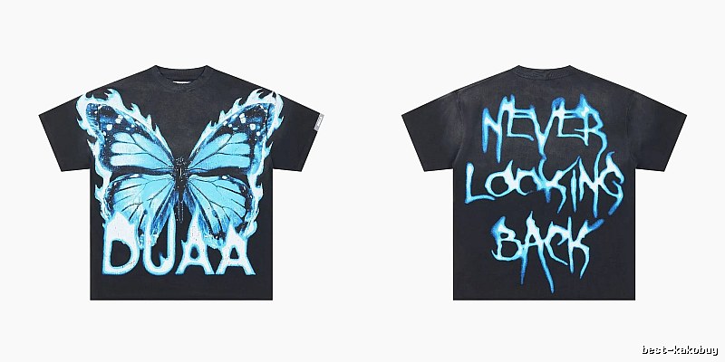 DUAA Butterfly Print Street Style Black and Blue Short-sleeved T-shirt