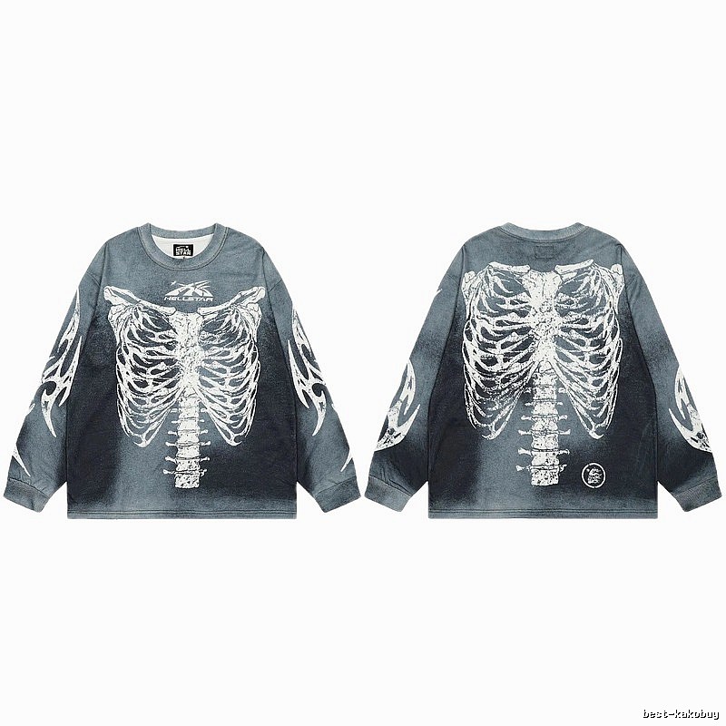 Hellstar Skull Print Street Style Vintage Grey Long Sleeve T-shirt