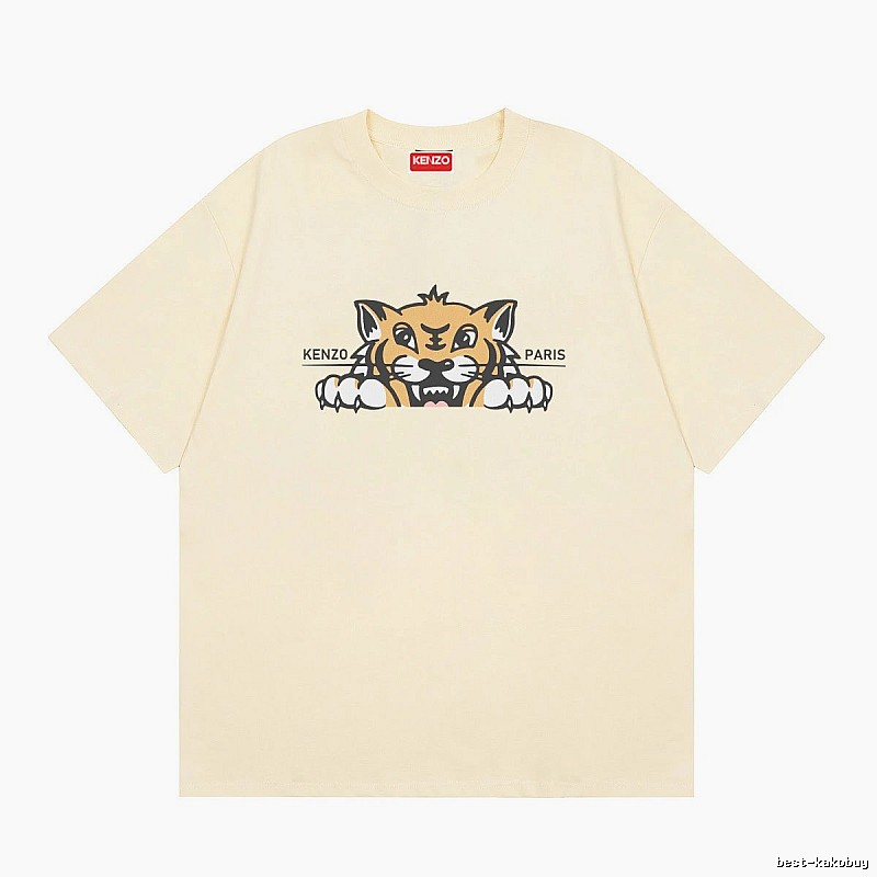 KENZO Tiger Head Print Streetwear Style Beige Short Sleeve T-Shirt