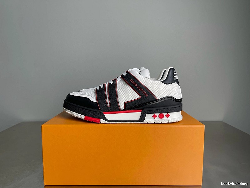 Louis Vuitton Black Red Low-top Sneaker with Black White Red Sneaker on for Casual Outfits