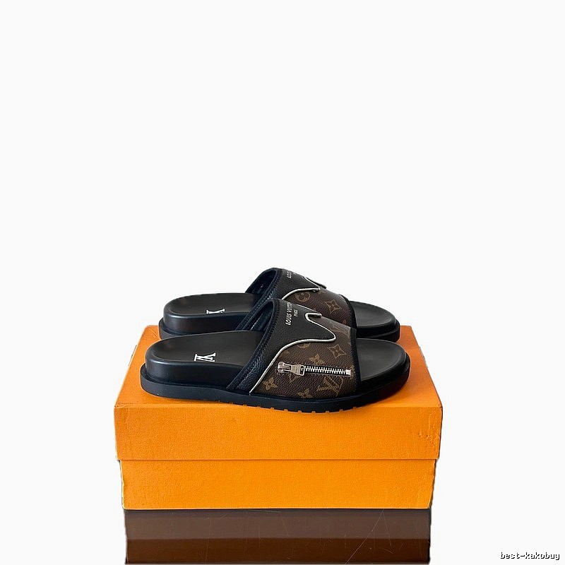 Louis Vuitton Classic Monogram Light Luxury Style Brown and Black Slides