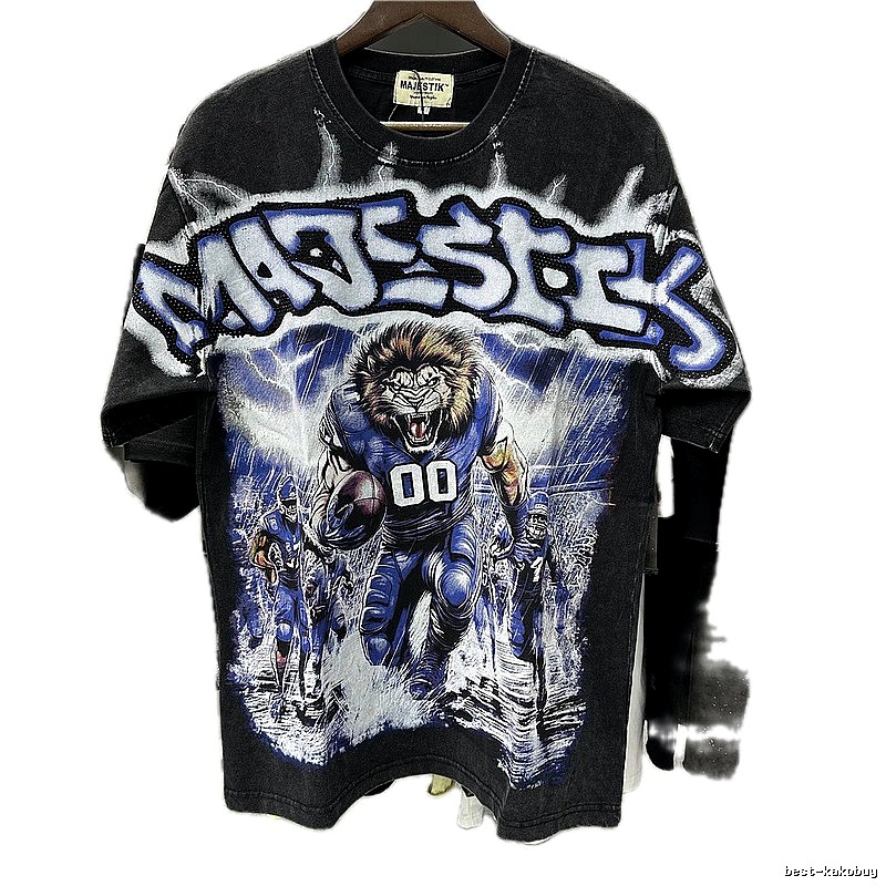 MAJESTIK American Retro Lion Printed Black Short-sleeve T-shirt