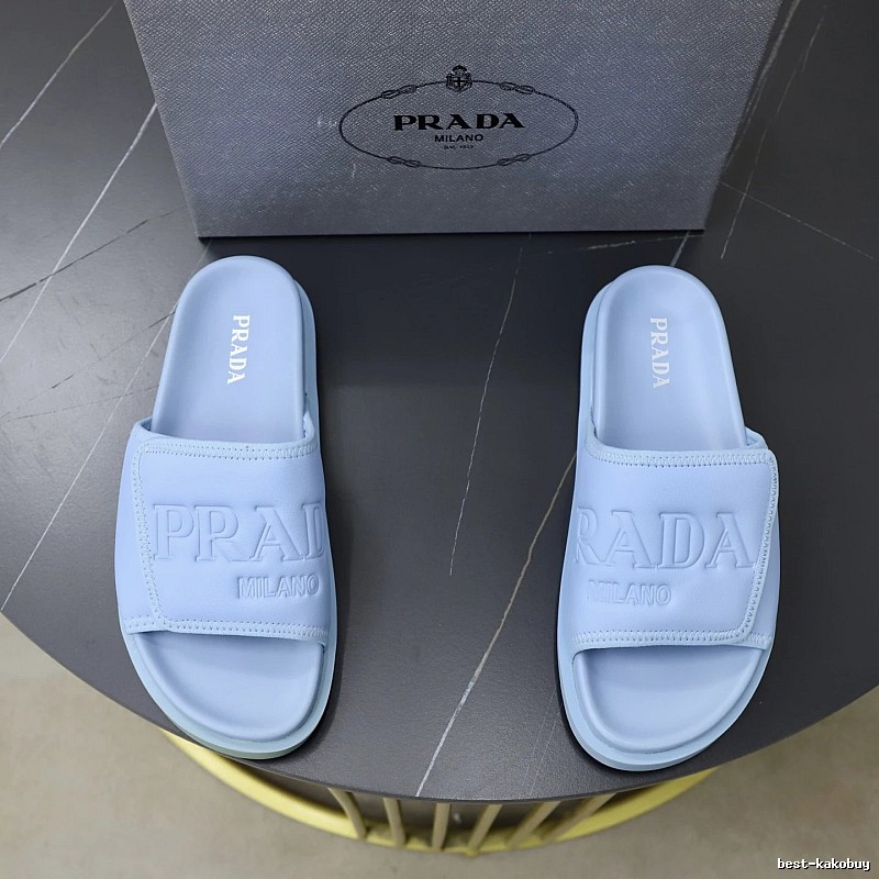 Prada Embossed Collection Minimalist Style Light Blue Slides