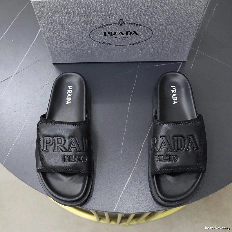 Prada Embossed Trendy Cool Style Black Slippers
