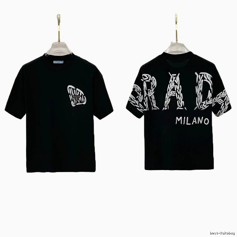 Prada Embroidered Streetwear Style Black Short-sleeve T-shirt