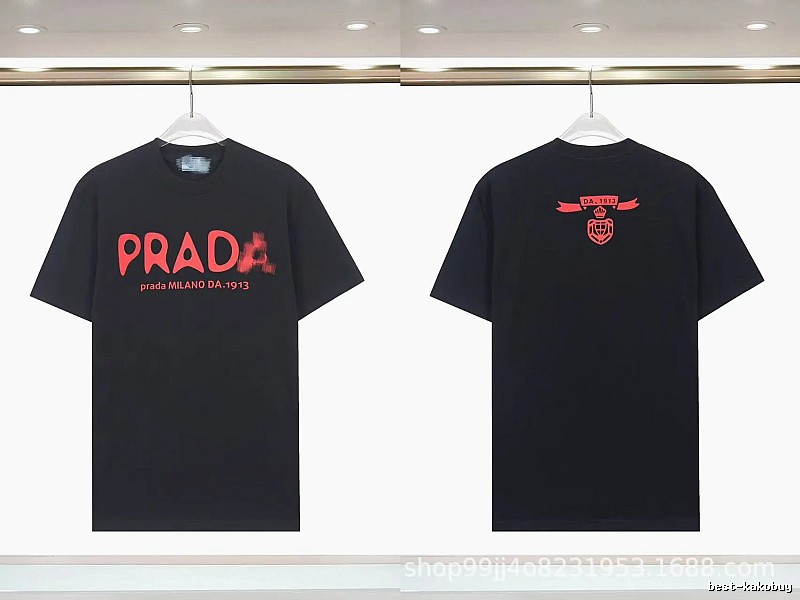 Prada Letter Print Trendy Cool Style Black Short-sleeve T-shirt