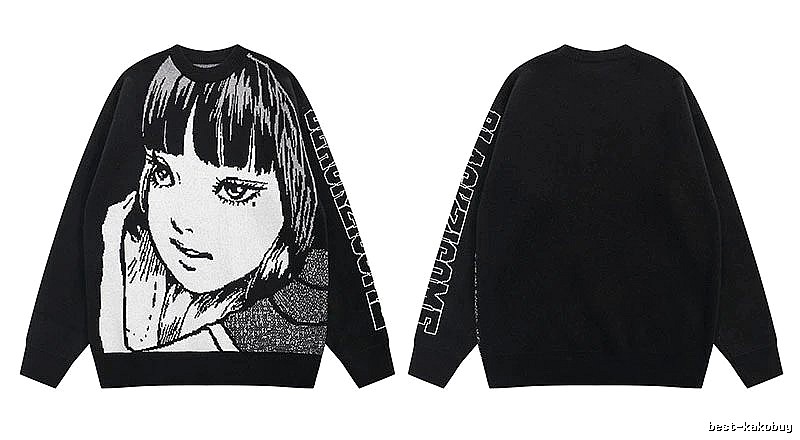 Relaxed Anime graphic sweater Black Knit Top with Versatile Design