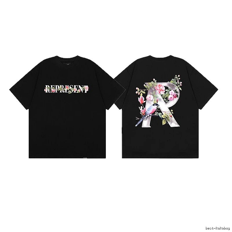 Represent Bird and Flower Print High Street Style Black T-Shirt