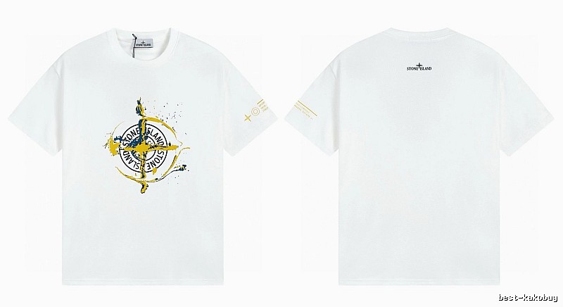 Stone Island Ink-splattered Trendy Style White T-shirt