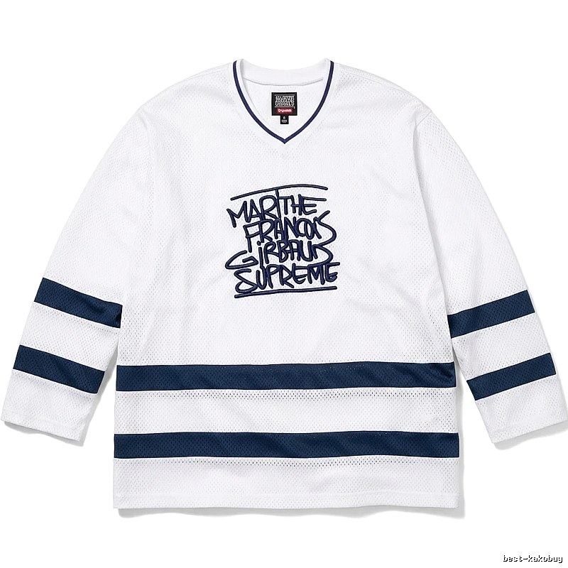 Supreme graffiti-style white and blue jersey