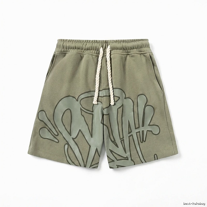 SynaWorld graffiti-style military green shorts