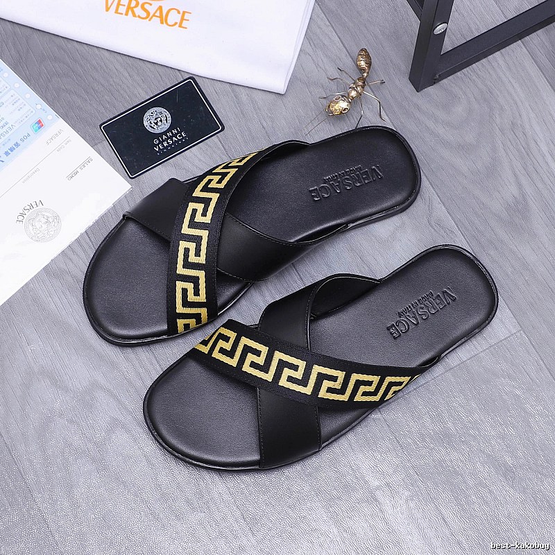 Versace Greek Key Luxury Style Black and Gold Slide Sandals
