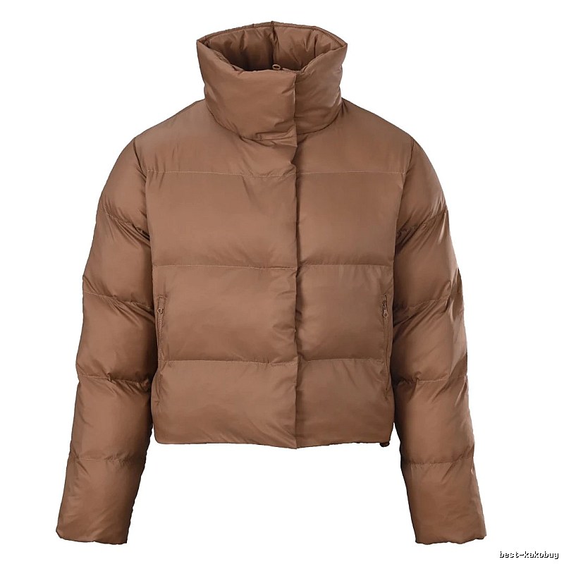 Wide Baffles And A Cropped Cold-Weather Fit Warm Brown Stand-Collar Puffer Jacket